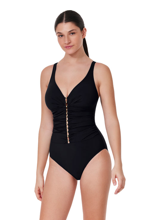 Profile by Gottex Tutti Frutti D-Cup V-Neck Gold Beaded One Piece